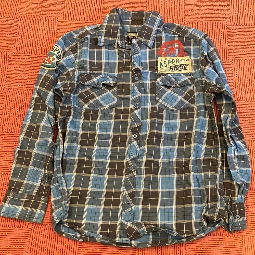 Men’s size small blue plaid shirt Urban Rags Sport brand